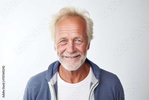 Portrait of happy senior man looking at camera while standing against grey background © Inigo