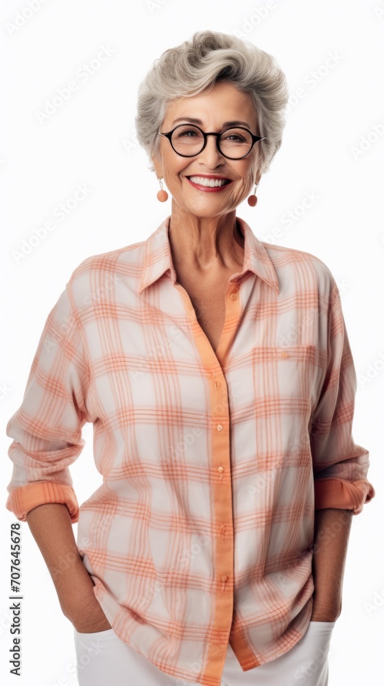 Stock image of a grandma in everyday attire on a plain white background Generative AI Stock image of a grandma in everyday attire on a plain white background Generative AI