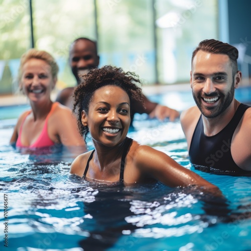 Stock image of a group doing aquatic exercises in a pool, promoting fitness and low-impact workouts Generative AI © vadosloginov