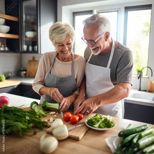 Stock image of a senior couple cooking a meal together  enjoying culinary activities Generative AI
