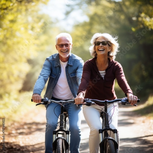Stock image of a senior couple taking a leisurely bike ride together, active and enjoying the outdoors Generative AI