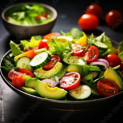 Stock image of a vegetable salad with mixed greens, tomatoes, cucumbers, and avocado, fresh and appetizing Generative AI