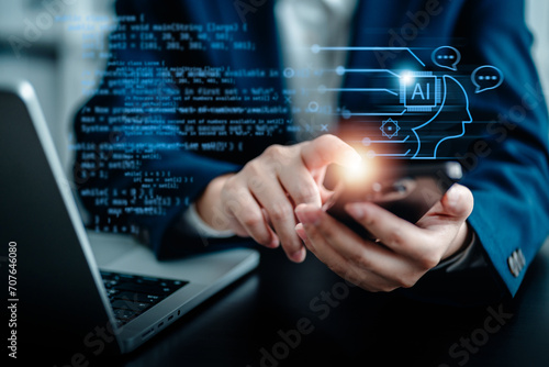 Businesswomen using smartphone connection with AI virtual,.Futuristic technology transformation, chatbot machine learning, command prompt for generating ideas, Artificial Intelligence digital concept