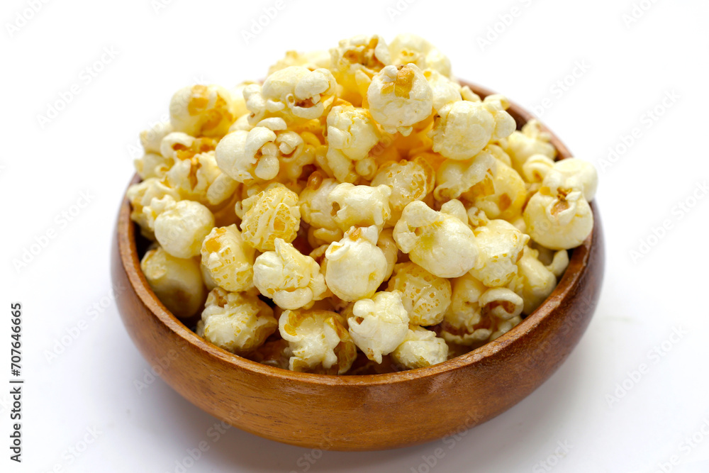 Sweet popcorn on white background.
