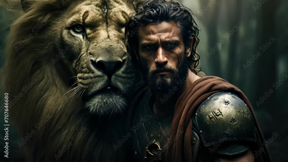 A brooding warrior, his arms tightly crossed over his chest, standing next to a roaring lion in a wild and untamed Roman forest. A brooding warrior, his arms tightly crossed over his chest, standing next to a roaring lion in a wild and untamed Roman forest.