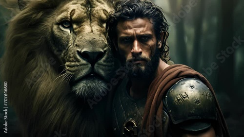 A brooding warrior, his arms tightly crossed over his chest, standing next to a roaring lion in a wild and untamed Roman forest. photo