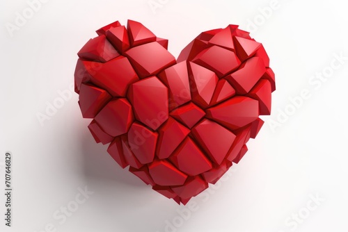 Red glass broken heart. Red shiny heart with cracks on an isolated background. 3d rendering. 3D Illustration