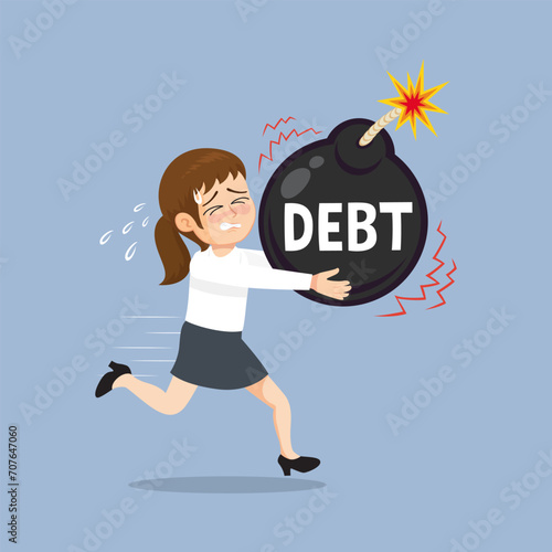 An agitated woman carried a detonated bomb and ran back and forth. illustration vector cartoon.