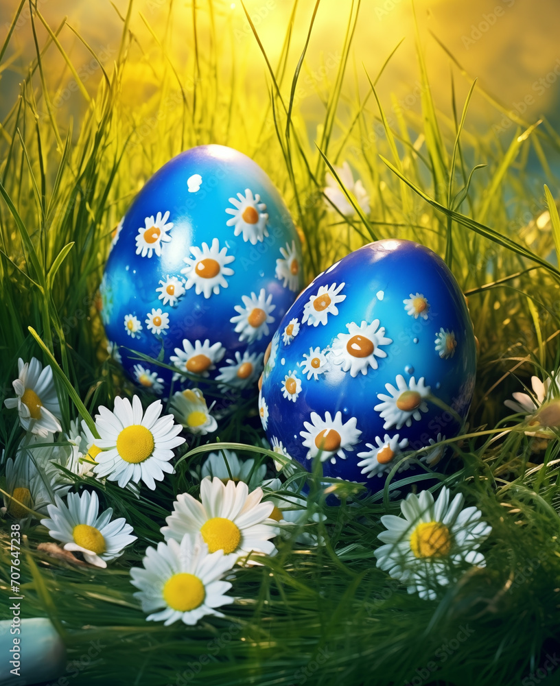 two blue Easter eggs with a print of daisies lie in the green grass two blue Easter eggs with a print of daisies lie in the green grass