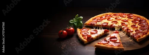 Panel kuchenny z motywem Freshly baked delicious pizza served on a dark wooden table. Copy space