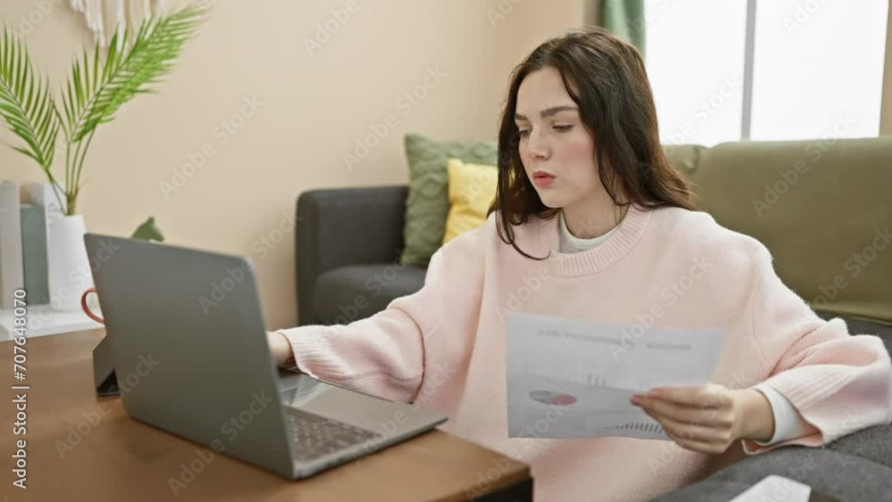 A focused young woman analyses reports while working on a laptop in a cozy living room setup. A focused young woman analyses reports while working on a laptop in a cozy living room setup.