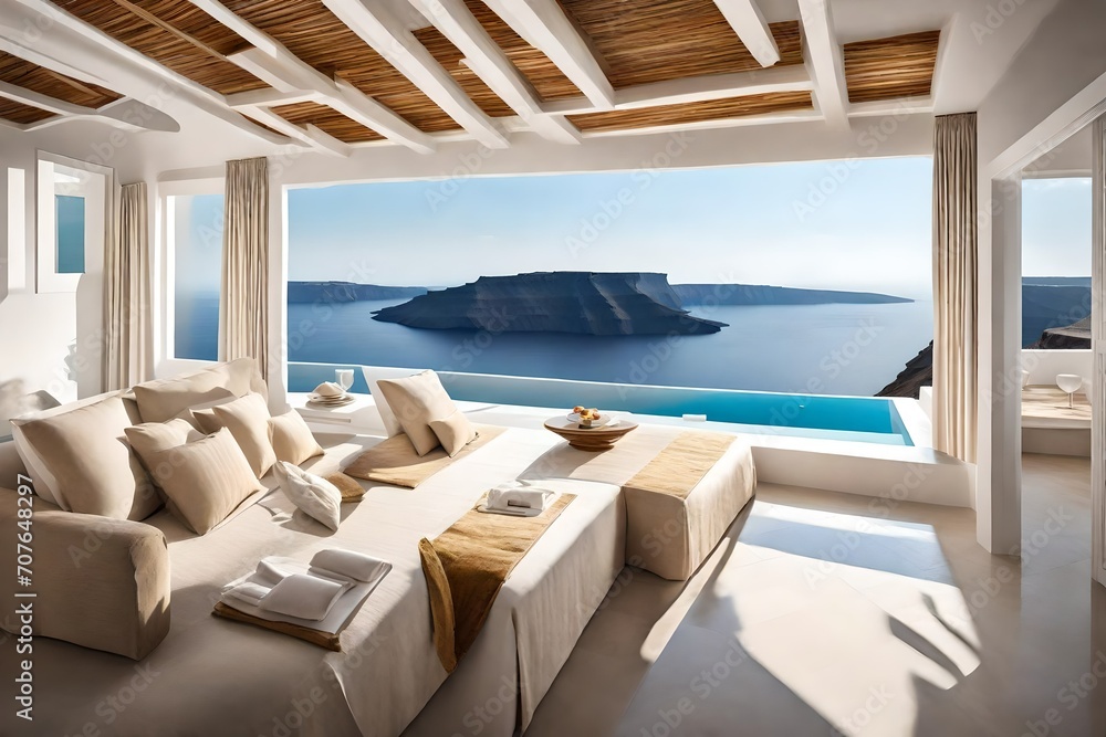 A cliffside villa perched on the edge of the Caldera, offering breathtaking views of the sea and the iconic Santorini sunset, creating a picturesque setting.