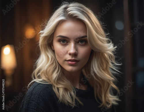 Beautiful young girl with blonde hair looking at camera. close up.