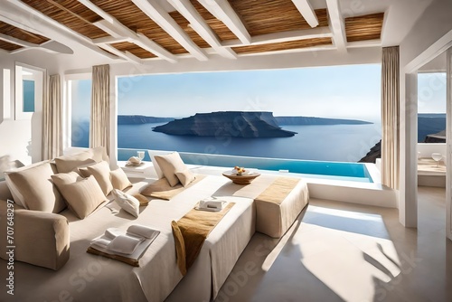 A cliffside villa perched on the edge of the Caldera  offering breathtaking views of the sea and the iconic Santorini sunset  creating a picturesque setting.