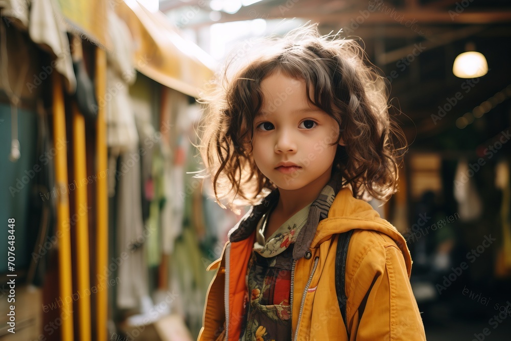 Portrait of a little girl with curly hair in a yellow jacket Portrait of a little girl with curly hair in a yellow jacket