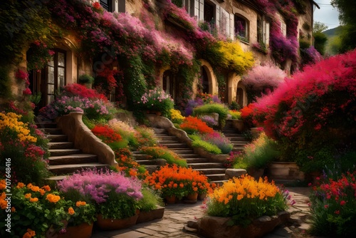 A series of terraced gardens overflowing with vibrant blooms, cascading down the cliffs in a riot of color and fragrance. © Tae-Wan