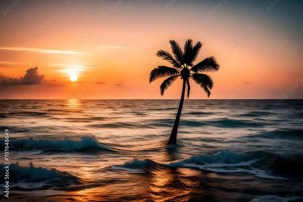 A picturesque sunset silhouette of a lone palm tree on the horizon, creating a serene and iconic image against the backdrop of the ocean.