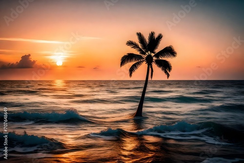 A picturesque sunset silhouette of a lone palm tree on the horizon, creating a serene and iconic image against the backdrop of the ocean. © Tae-Wan