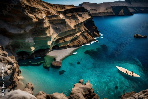 A secluded swimming spot nestled among the cliffs of Santorini, offering a refreshing dip in the clear turquoise waters surrounded by natural beauty.