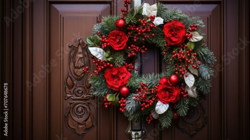 a wreath on a door with a red bow © Kumblack