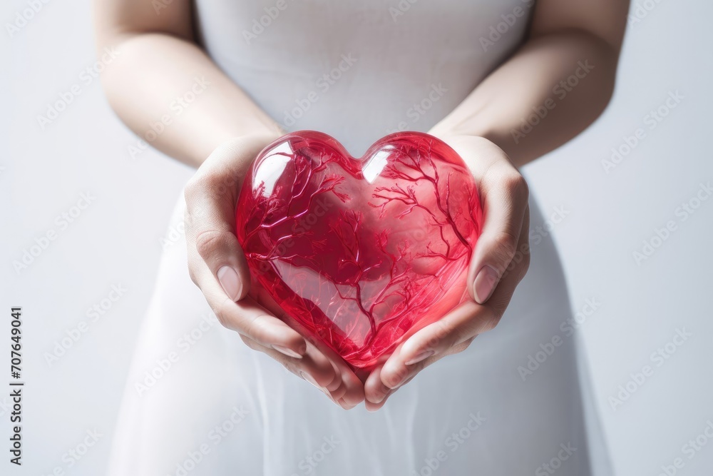 Close-up of a girl in a white dress holding a red heart in her hands. A small red heart in the hands of a girl. Valentine's Day Card Close-up of a girl in a white dress holding a red heart in her hands. A small red heart in the hands of a girl. Valentine's Day Card