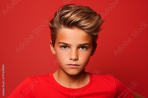 Portrait of a handsome young man in red t-shirt over red background.