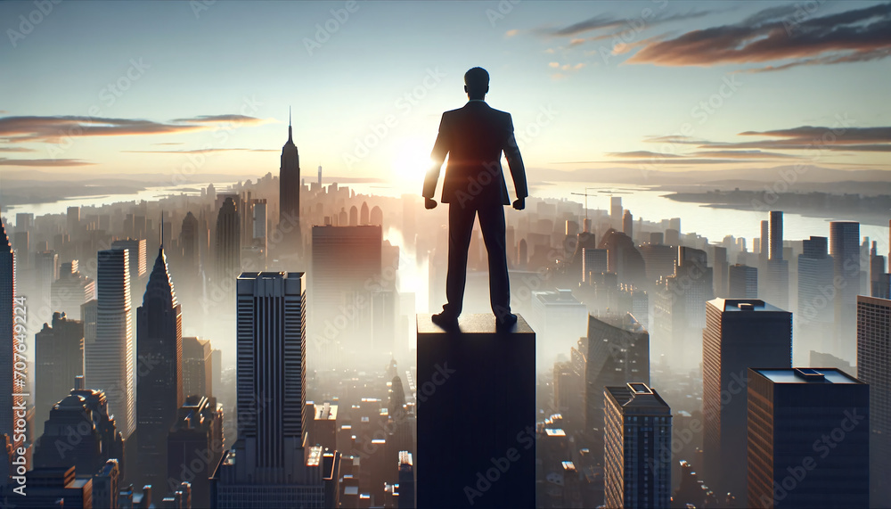 Φωτογραφία Un líder ante la metrópoli: hombre de negocios ideal contemplando el horizonte urbano al amanecer, simbolizando visión, éxito, grandes metas y aspiraciones profesionales