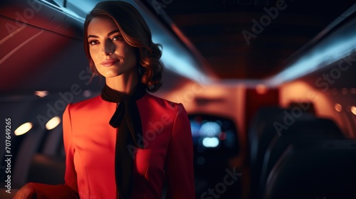 Female flight attendant in uniform in aircraft cabin, Air hostess friendly airline employee, pleasant service for airline passengers, Cabin Crew