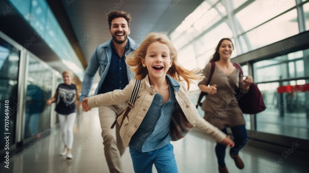 Happy family traveler go to airport gate, family with travel bag excited for traveler trip Happy family traveler go to airport gate, family with travel bag excited for traveler trip