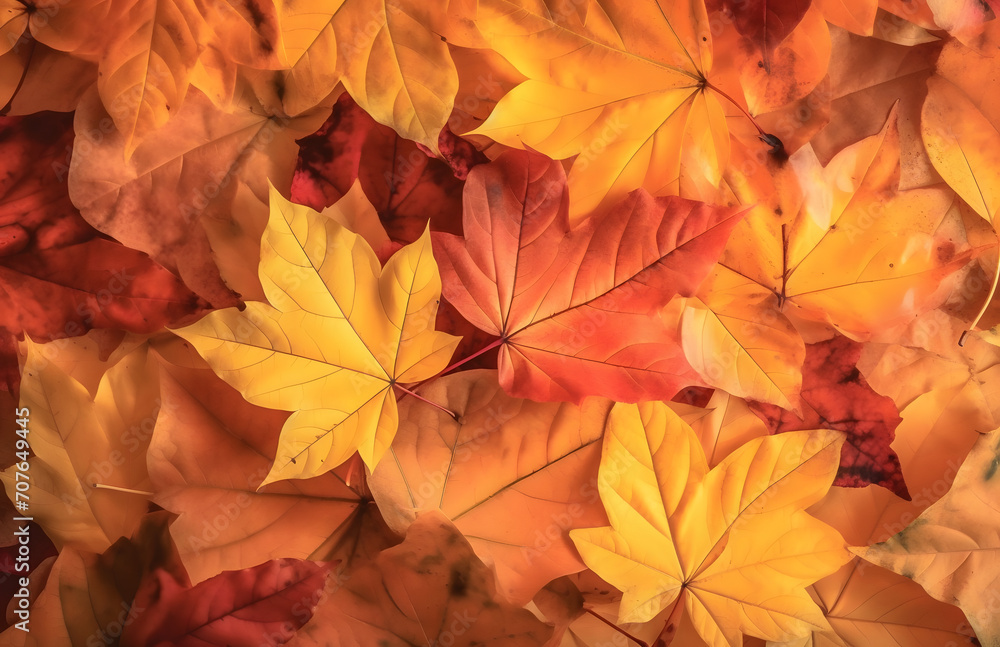 Autumn background of yellow and red maple leaves on the ground