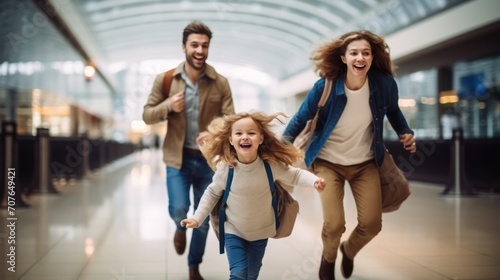 Happy family traveler go to airport gate  family with travel bag excited for traveler trip