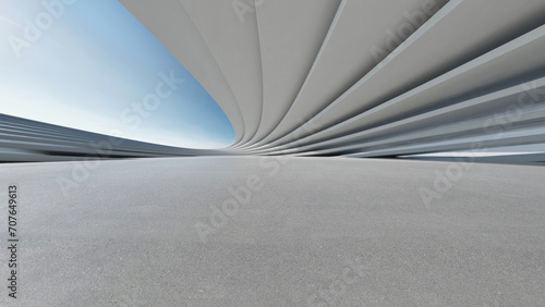 3d render of abstract wavy futuristic architecture with concrete floor..