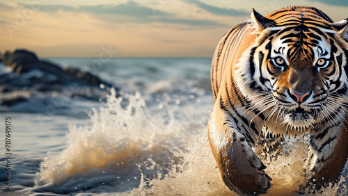 Tiger running by the sea photo