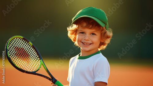 Boy child playing tennis and holding tennis racket ready to hit a ball © GulArt