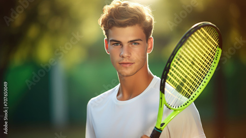 Closeup portrait of a male tennis player looking at a camera and holding tennis racket with space for copy © GulArt
