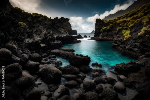 A secluded cove with crystal-clear waters lapping against volcanic black sand beaches, framed by rugged cliffs.