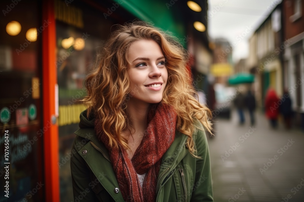 Portrait of a beautiful young woman in a city street, looking at camera.