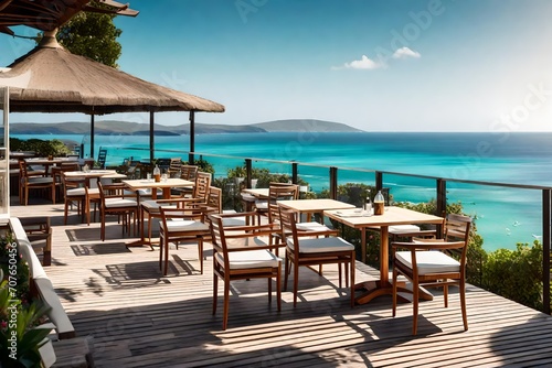 A charming seaside cafe with tables set on a wooden deck  offering guests a panoramic view of the ocean and a serene atmosphere to enjoy.