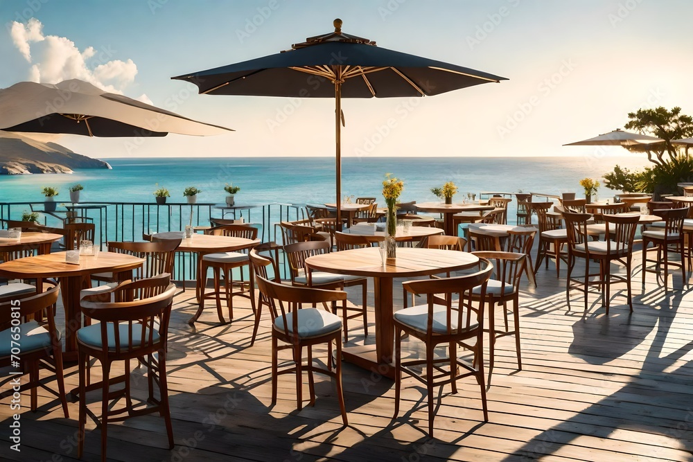 A charming seaside cafe with tables set on a wooden deck, offering guests a panoramic view of the ocean and a serene atmosphere to enjoy.