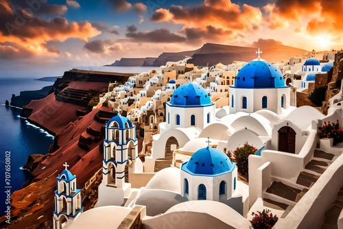 A panoramic shot of the iconic blue-domed churches of Santorini set against the backdrop of a fiery sunset, creating a postcard-perfect scene.
