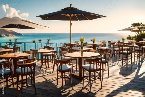 A charming seaside cafe with tables set on a wooden deck, offering guests a panoramic view of the ocean and a serene atmosphere to enjoy.