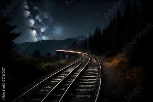 A train racing through the night, its lights cutting through the darkness as it disappears into the distance.