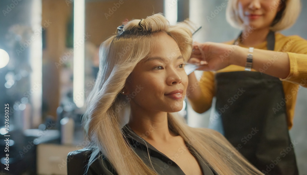 beautiful blonde model woman in the hairdresser salon gets a new haircut, dyes her hair and style it beautiful blonde model woman in the hairdresser salon gets a new haircut, dyes her hair and style it