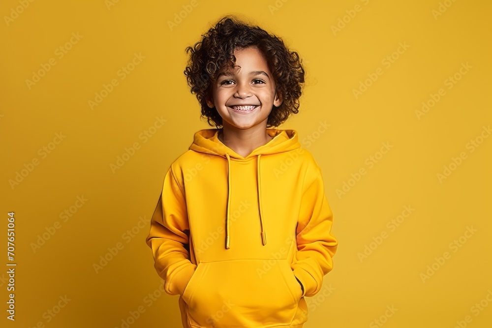 Portrait of a smiling african american little girl in yellow hoodie standing over yellow background Portrait of a smiling african american little girl in yellow hoodie standing over yellow background