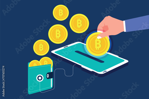 Concept of mobile payments. Wallet connected with mobile phone. Earning money to your e-wallet