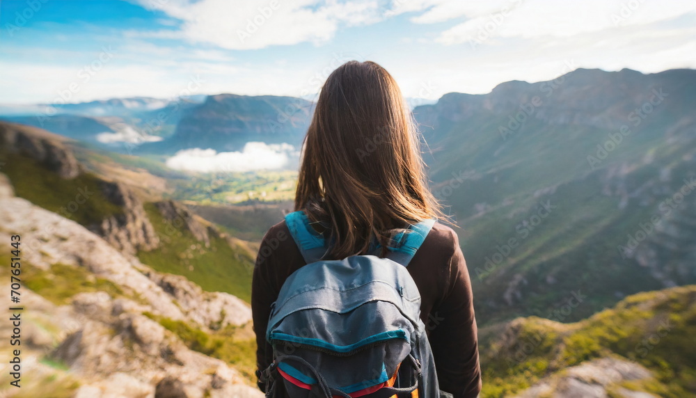 young adult woman with a backpack on a mountain with a view of a valley and a mountain