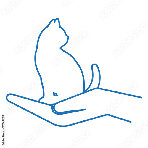 Illustration of caring for animals.Hand of a man with a cat on a white background.