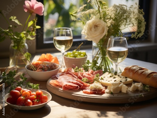 soft hues of charcuterie board and a glass of wine on a kitchen table on a sunny day 