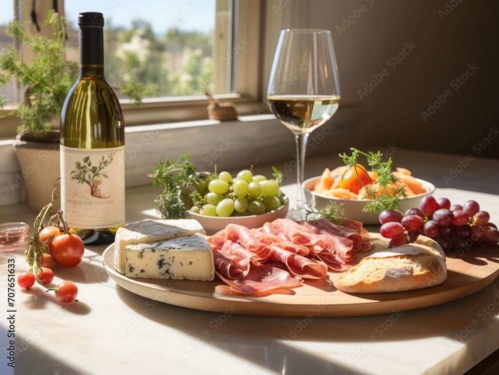 soft hues of charcuterie board and a glass of wine on a kitchen table on a sunny day,