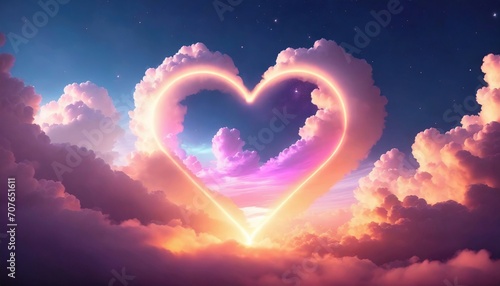 Abstract Celestial Scene with Neon Clouds Heart Shaped